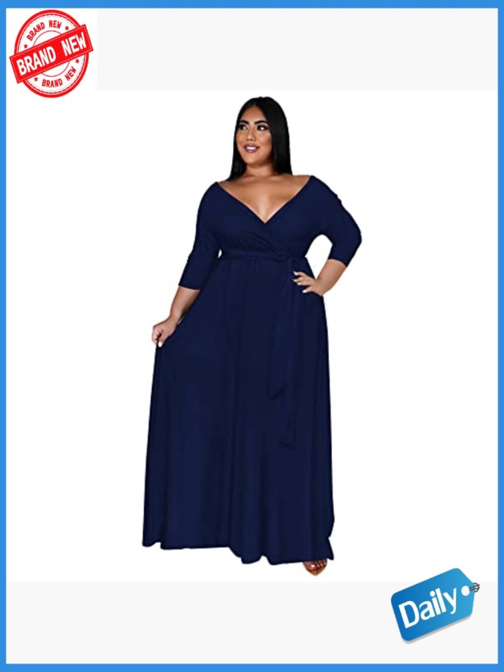 Plus Size Maxi Dress - Floral 3/4 Sleeve Belted Long Dress - Picture 2 of 7